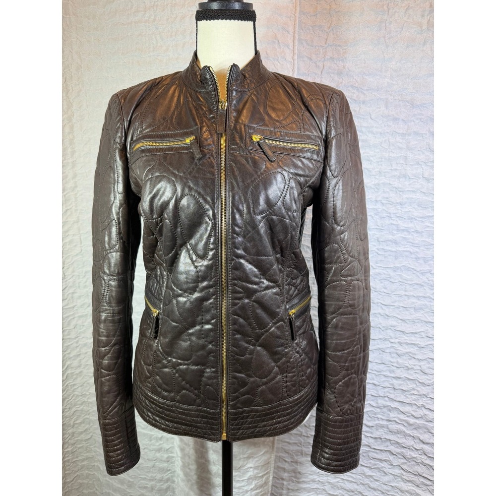 Roberto Cavalli Brown Quilted Leather Heart Moto Jacket Silk Lined IT 42 IP3890